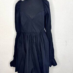 Pleated Flay Gown with Smocked Long Sleeves
